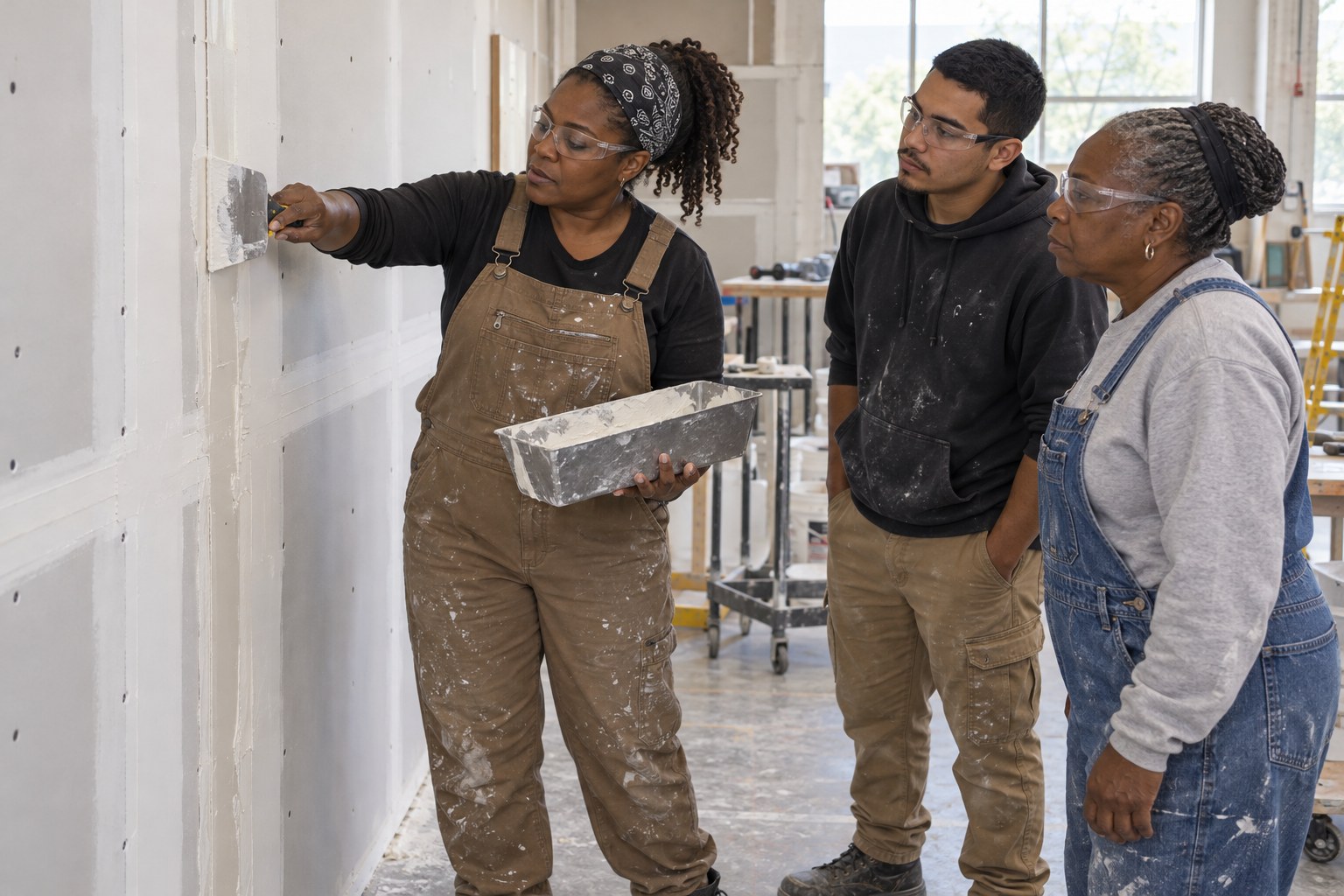 AI-generated illustrative scene of a Black woman instructor demonstrating drywall taping to non-white adult learners