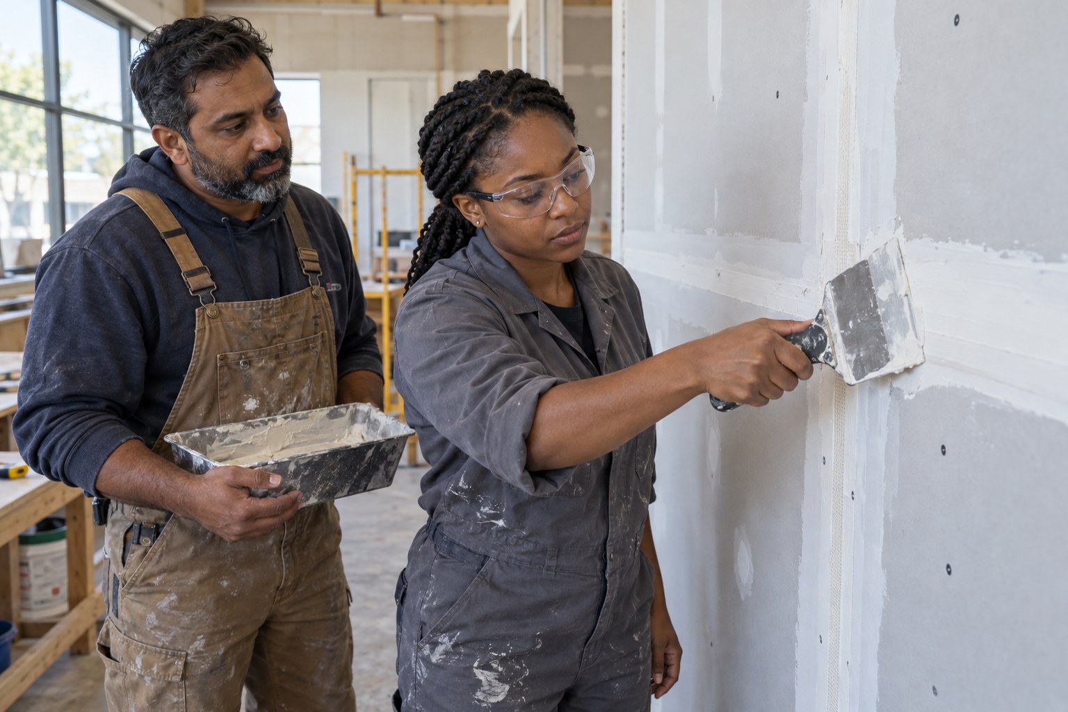 AI-generated illustrative scene of a Black woman learning drywall finishing with a South Asian instructor