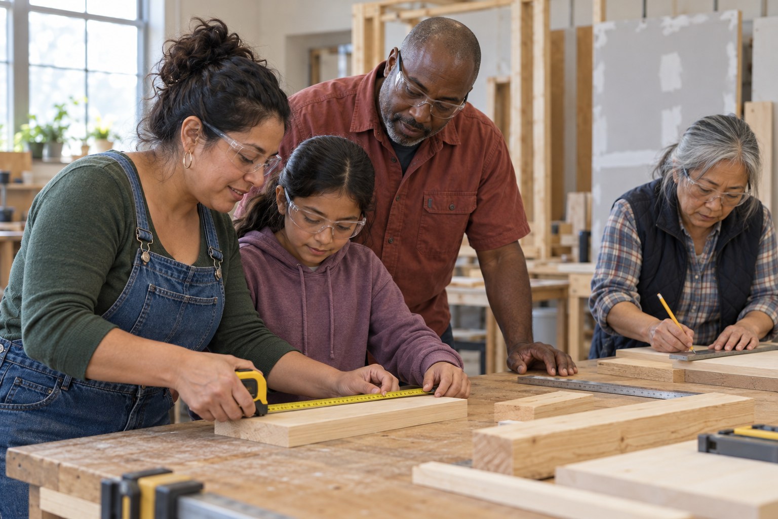 AI-generated illustrative scene of a Latina parent and child learning measuring with a Black instructor and an older Asian learner